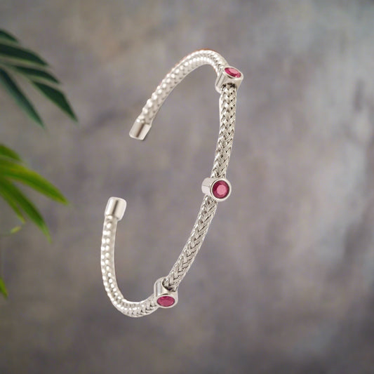 Bangle Cuff Ribbed  Red Zirconia